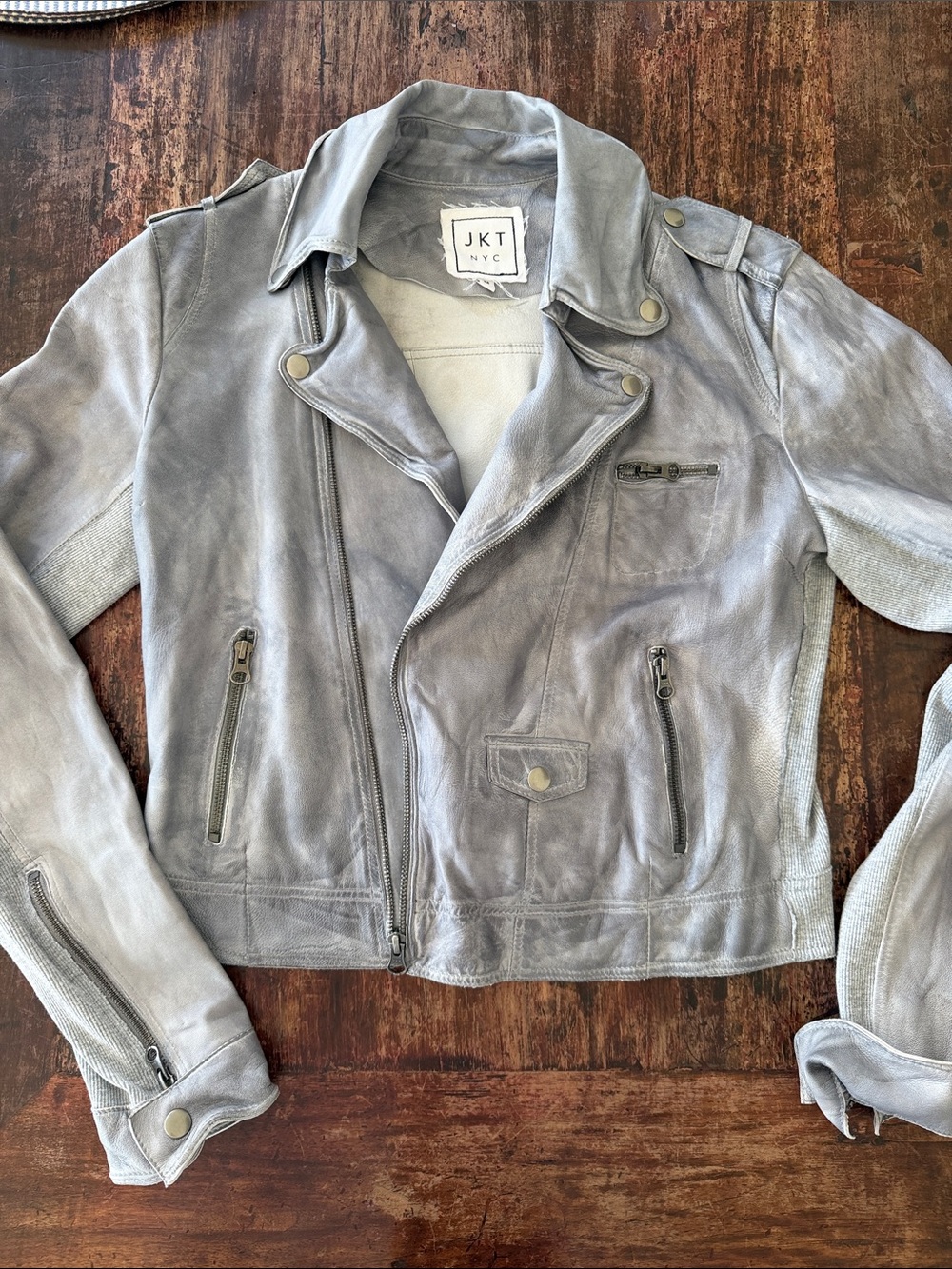 ✨NEW Leather JKT NYC Women's Distressed Gray Butter soft Moto Jacket  w Ribbed ✨